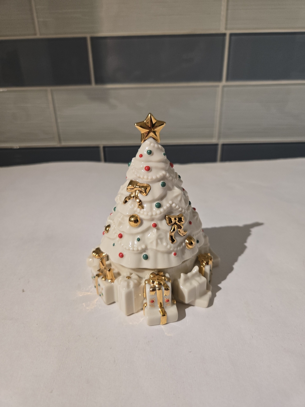White Ceramic Christmas Tree Music Box with Gold Accents